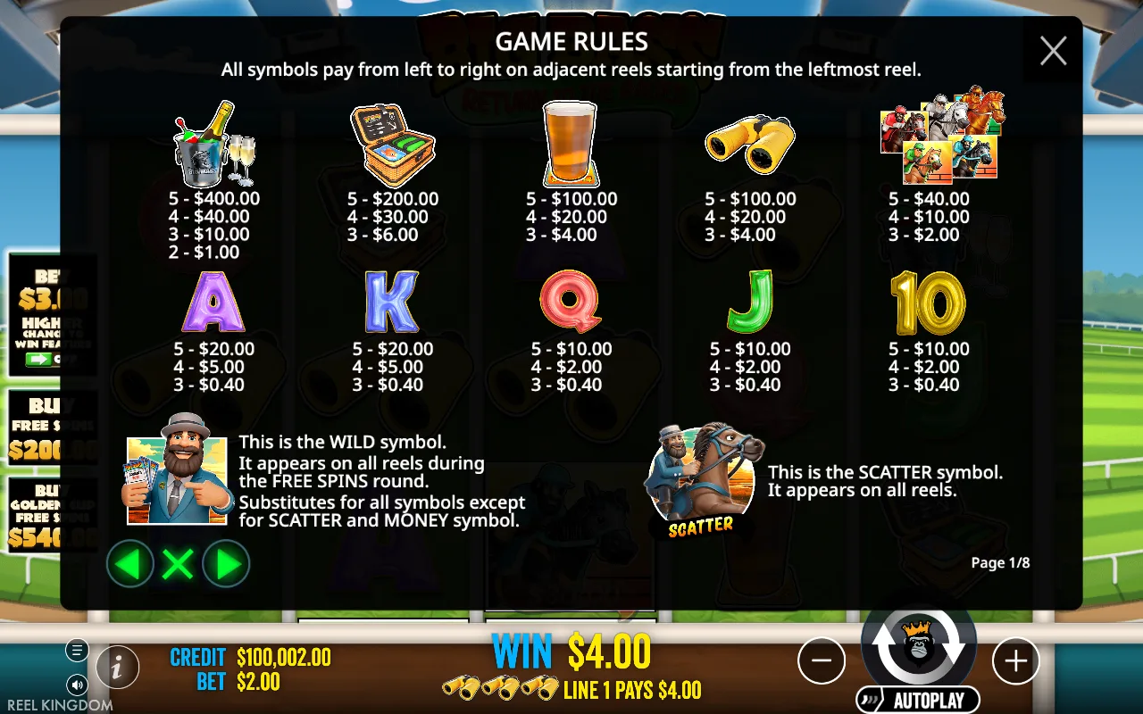 Game rules, page 1 — Big Bass Return to the Races