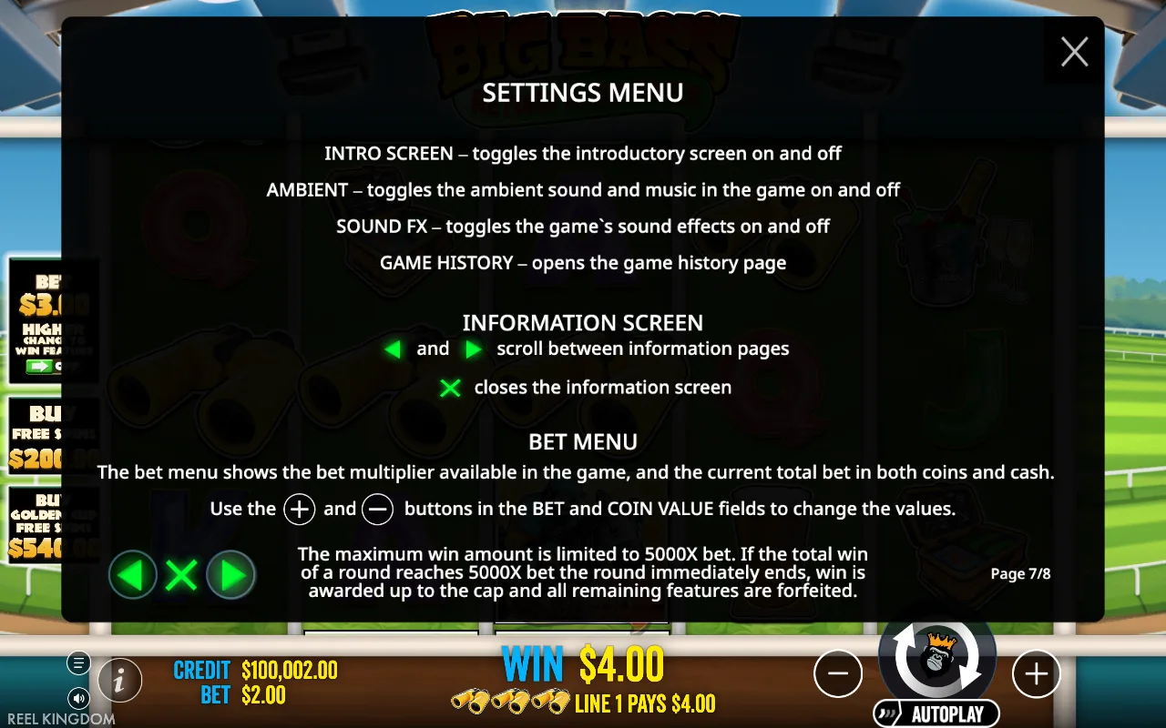 Settings menu — Big Bass Return to the Races