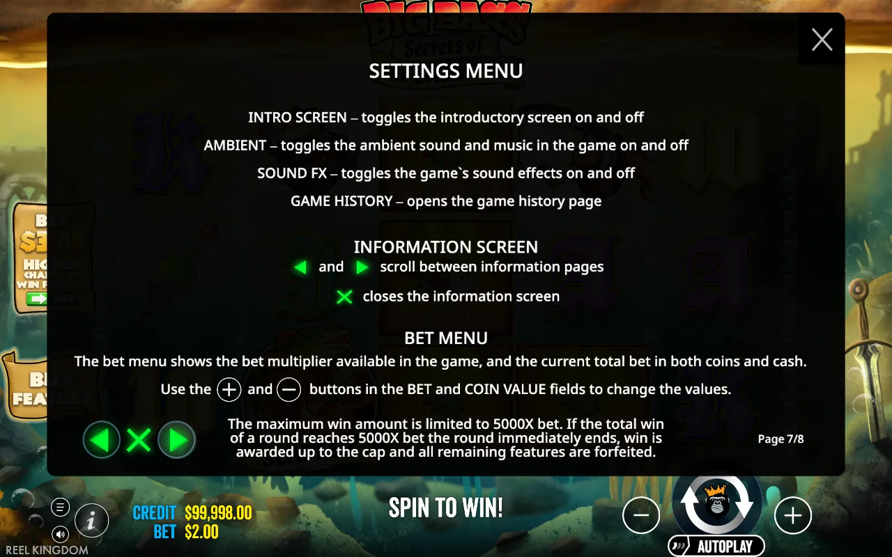 Settings menu — Big Bass Secrets of the Golden Lake