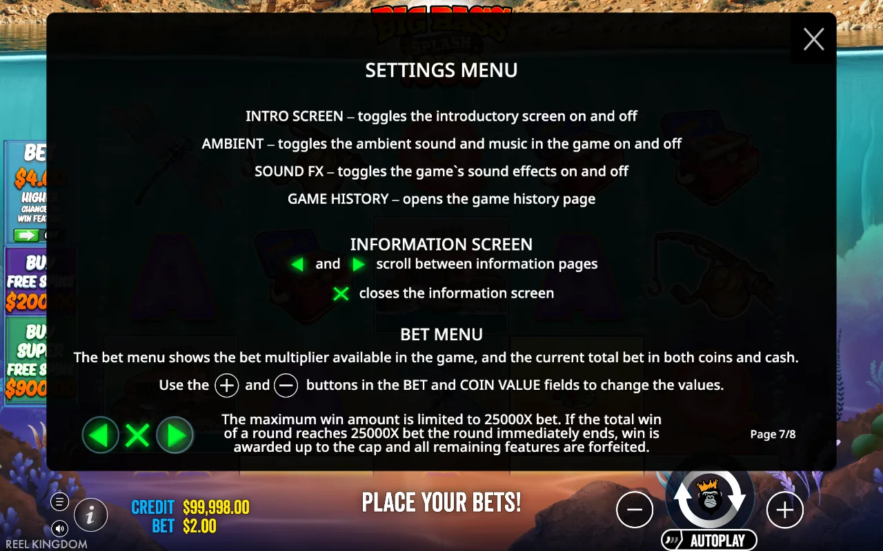 Settings menu — Big Bass Splash 1000