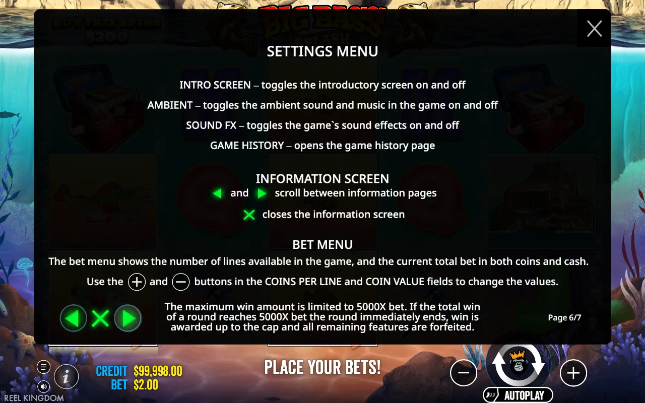 Settings menu — Big Bass Splash