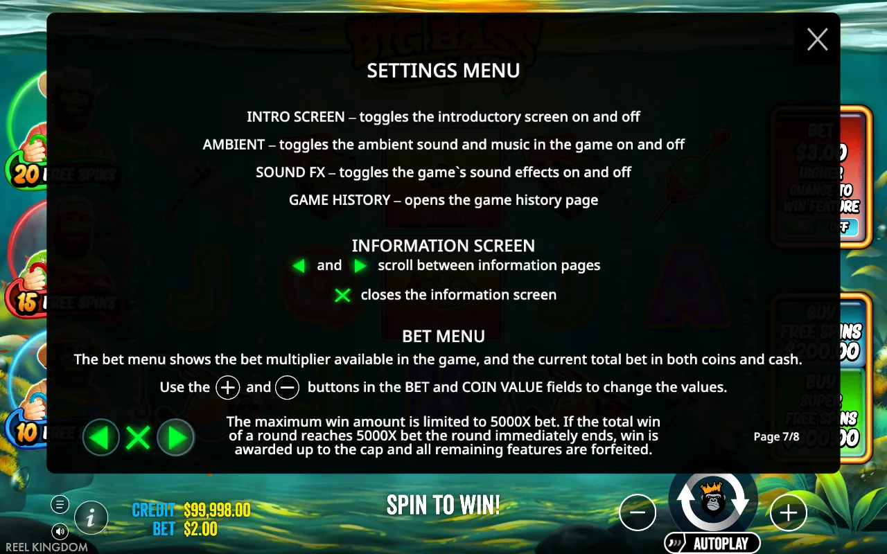 Settings menu — Big Bass Trophy Catch