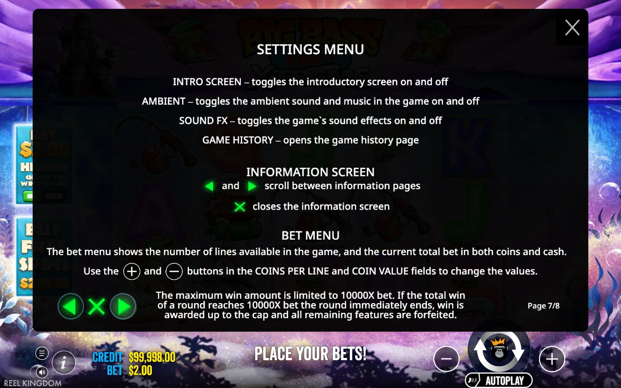 Settings menu — Big Bass Xmas Extreme
