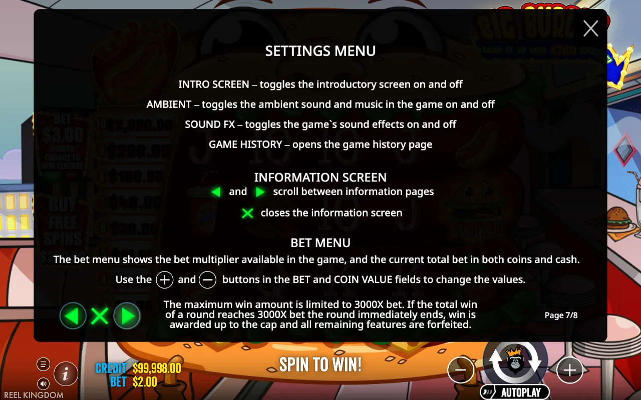 Settings menu — Big Burger Load it up with Xtra Cheese