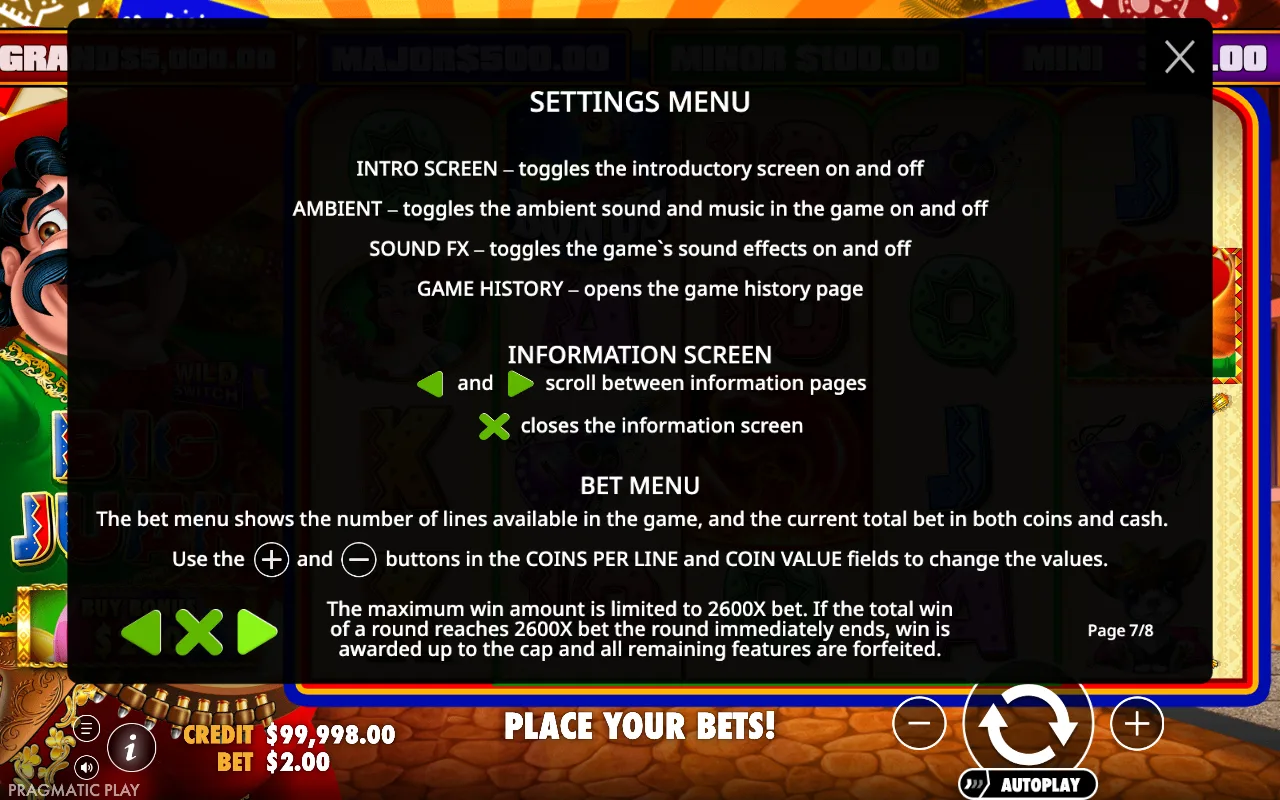 Settings menu — Big Juan