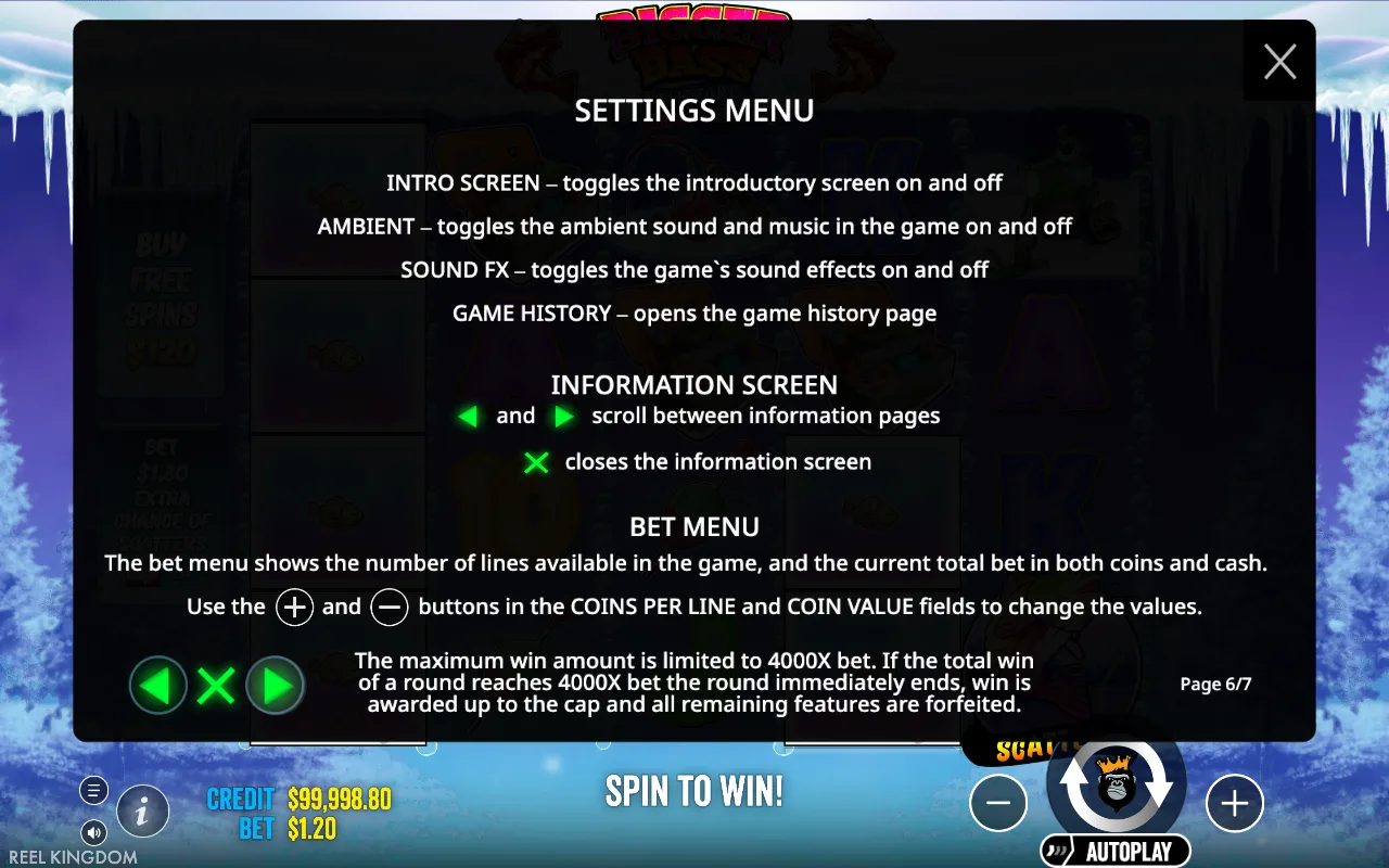 Settings menu — Bigger Bass Blizzard Christmas Catch