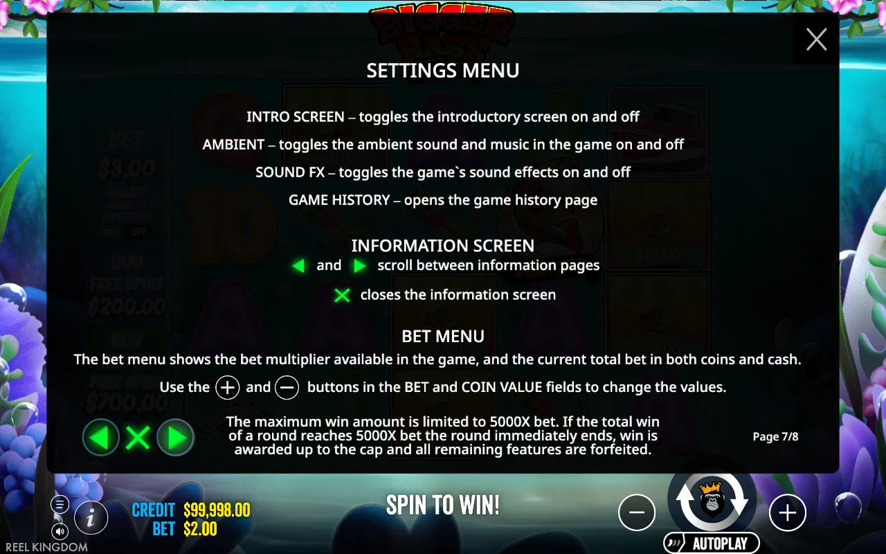 Settings menu — Bigger Bass Splash