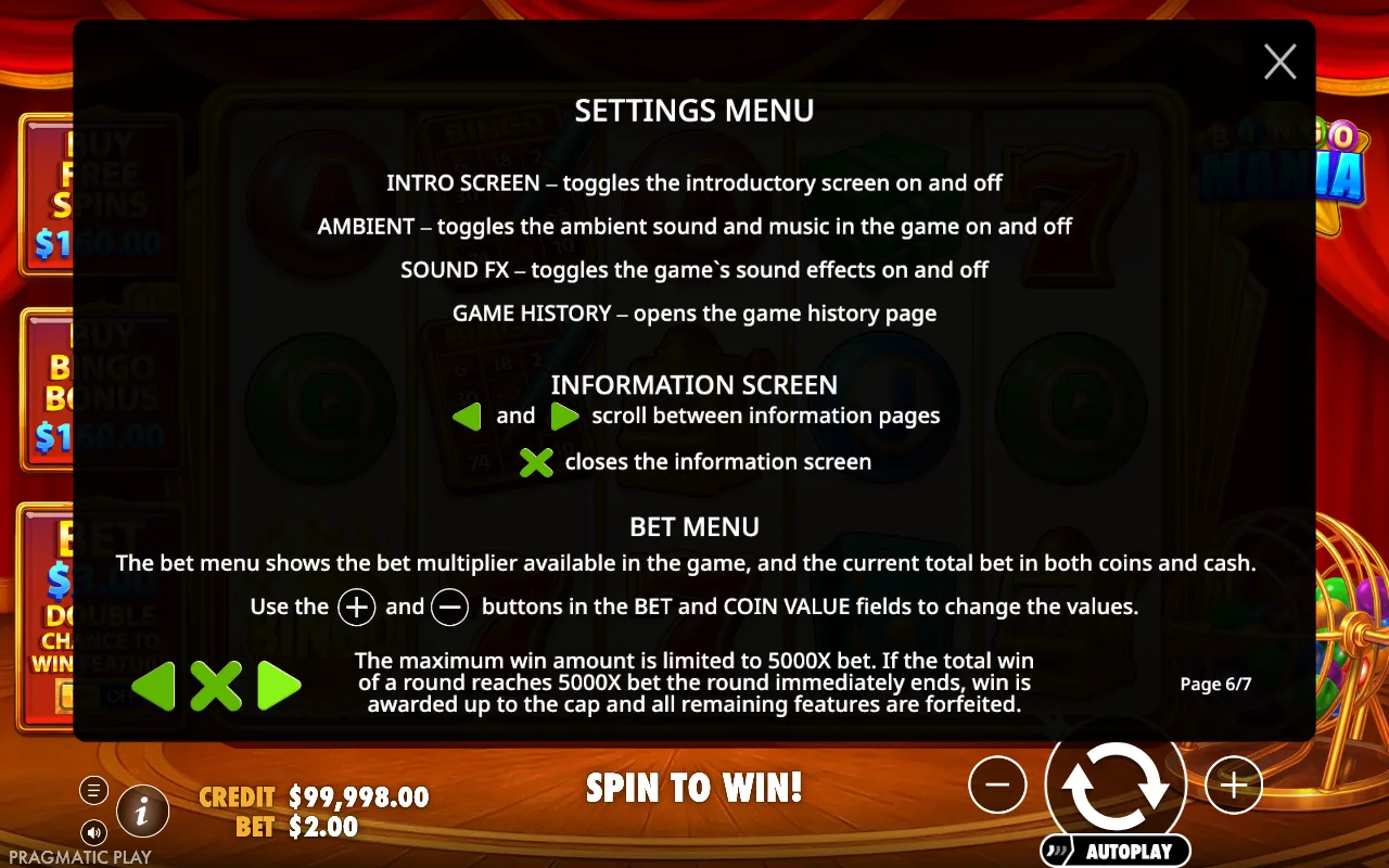 Settings menu — Bingo Mania