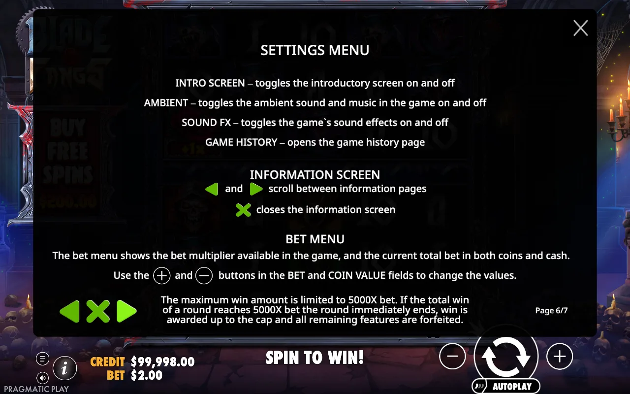 Settings menu — Blade & Fangs