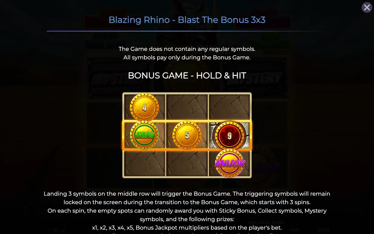 Game rules, page 1 — Blazing Rhino Blast The Bonus 3x3