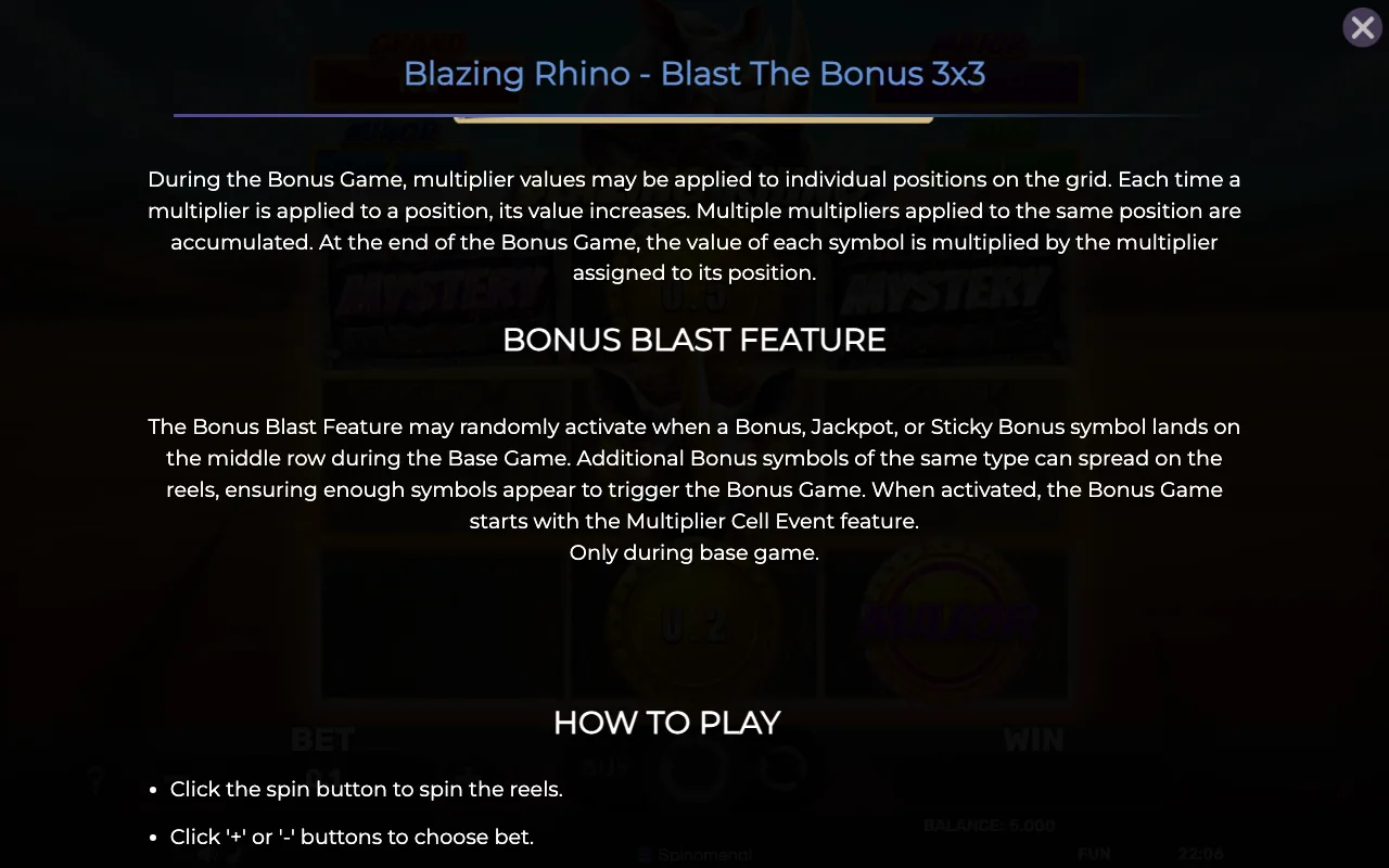 Game rules, page 6 — Blazing Rhino Blast The Bonus 3x3