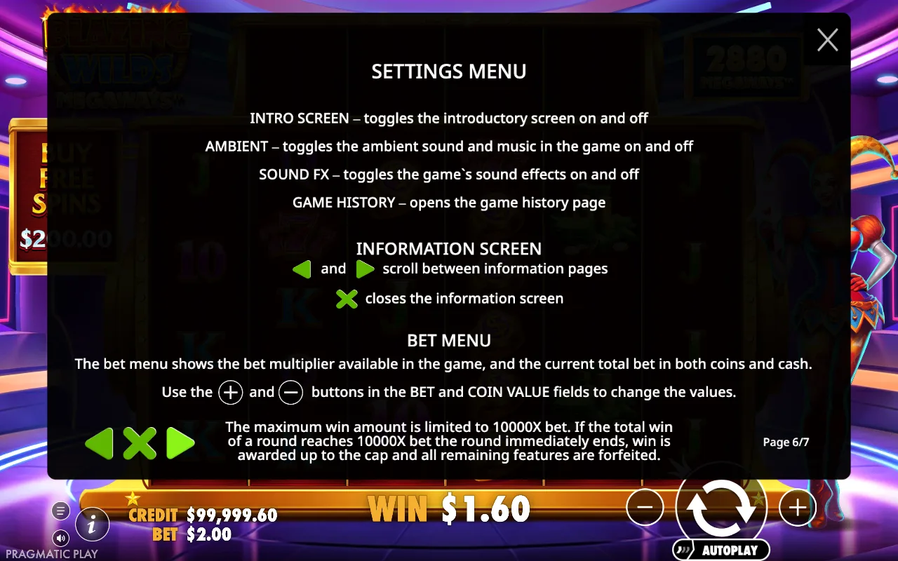 Settings menu — Blazing Wilds Megaways