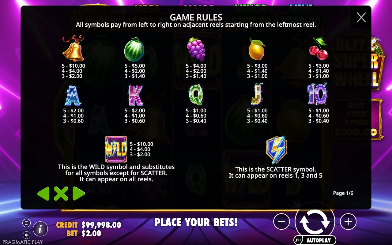 Game rules, page 1 — Blitz Super Wheel
