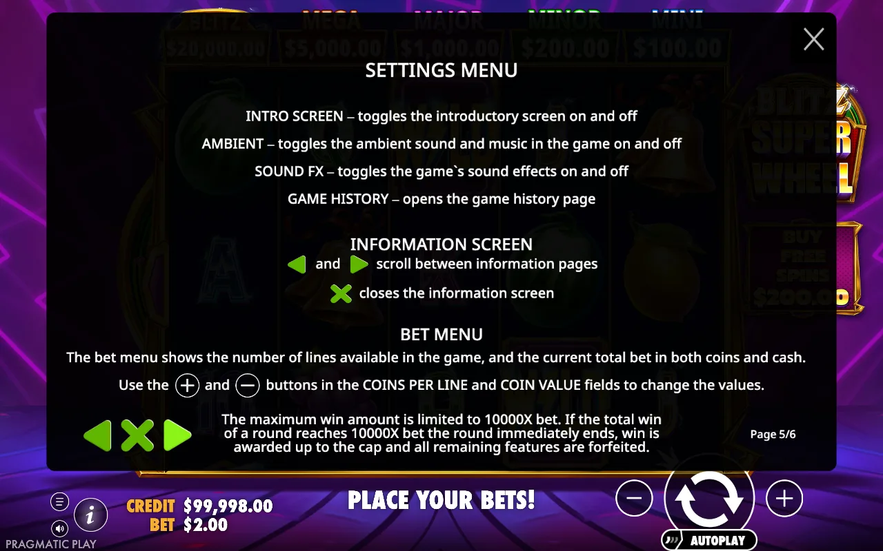 Settings menu — Blitz Super Wheel