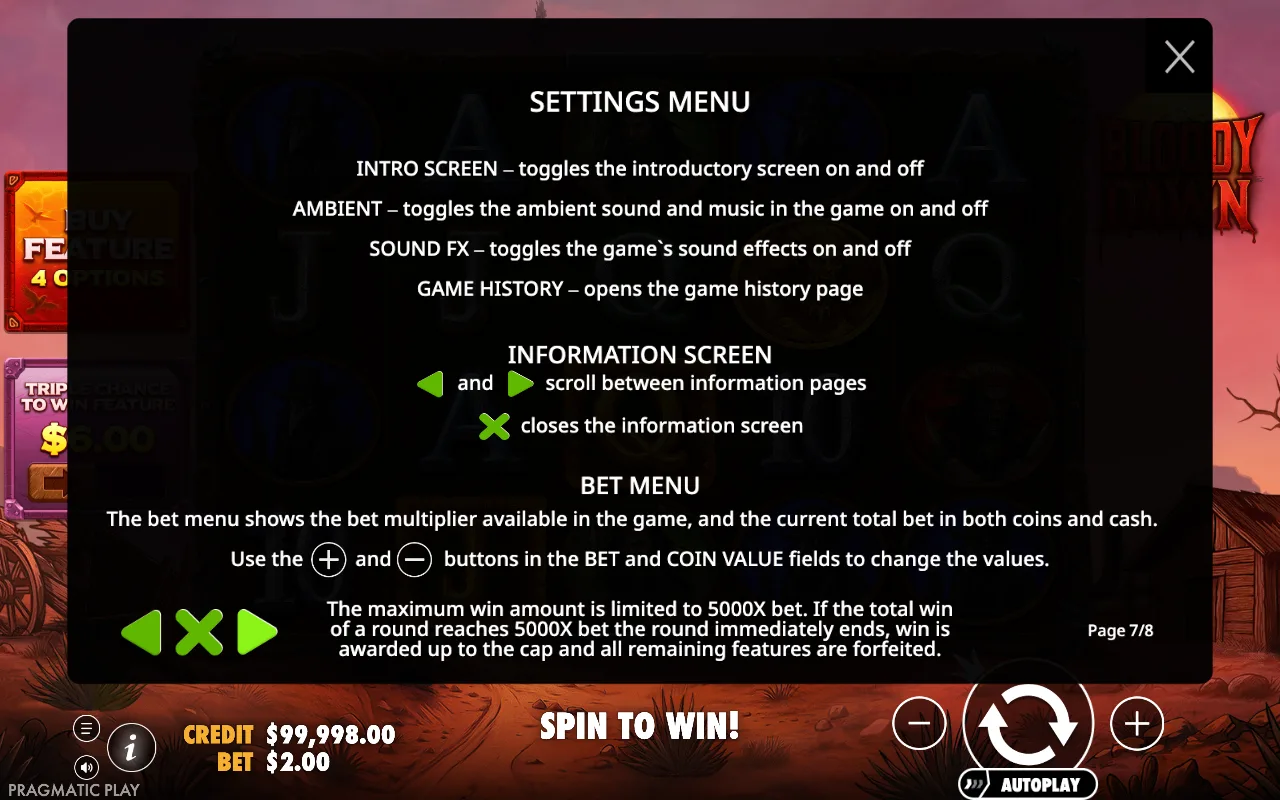 Settings menu — Bloody Dawn