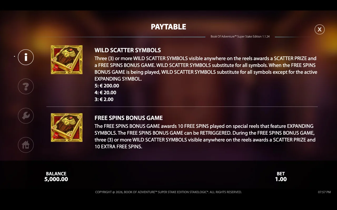 Paytable — Book of Adventure Super Stake Edition
