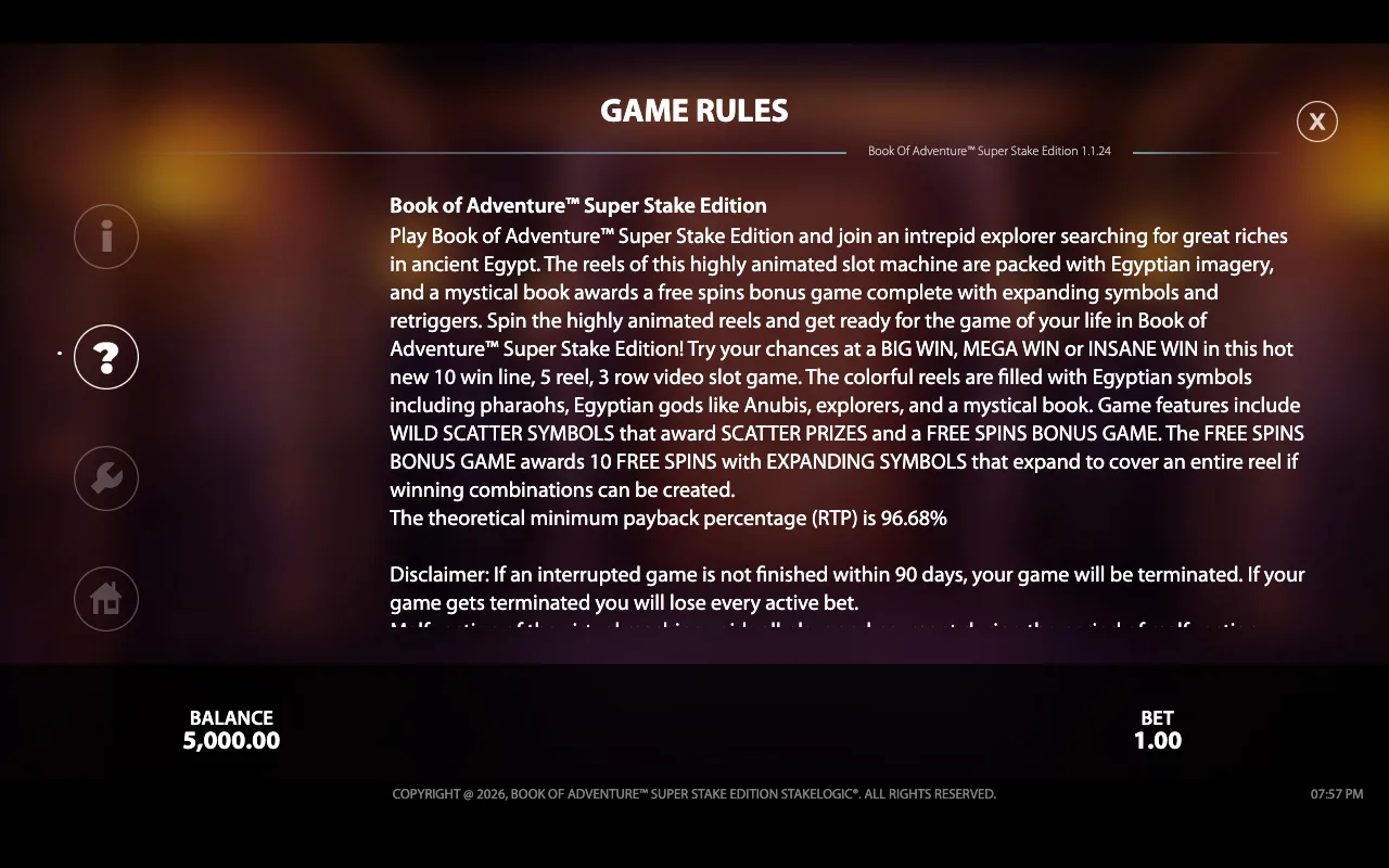 Game rules — Book of Adventure Super Stake Edition