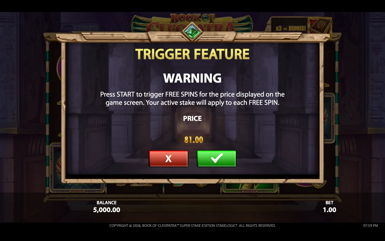 Buying the feature — Book of Cleopatra Super Stake Edition