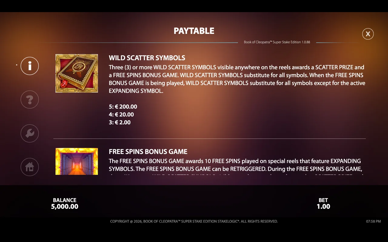 Paytable — Book of Cleopatra Super Stake Edition