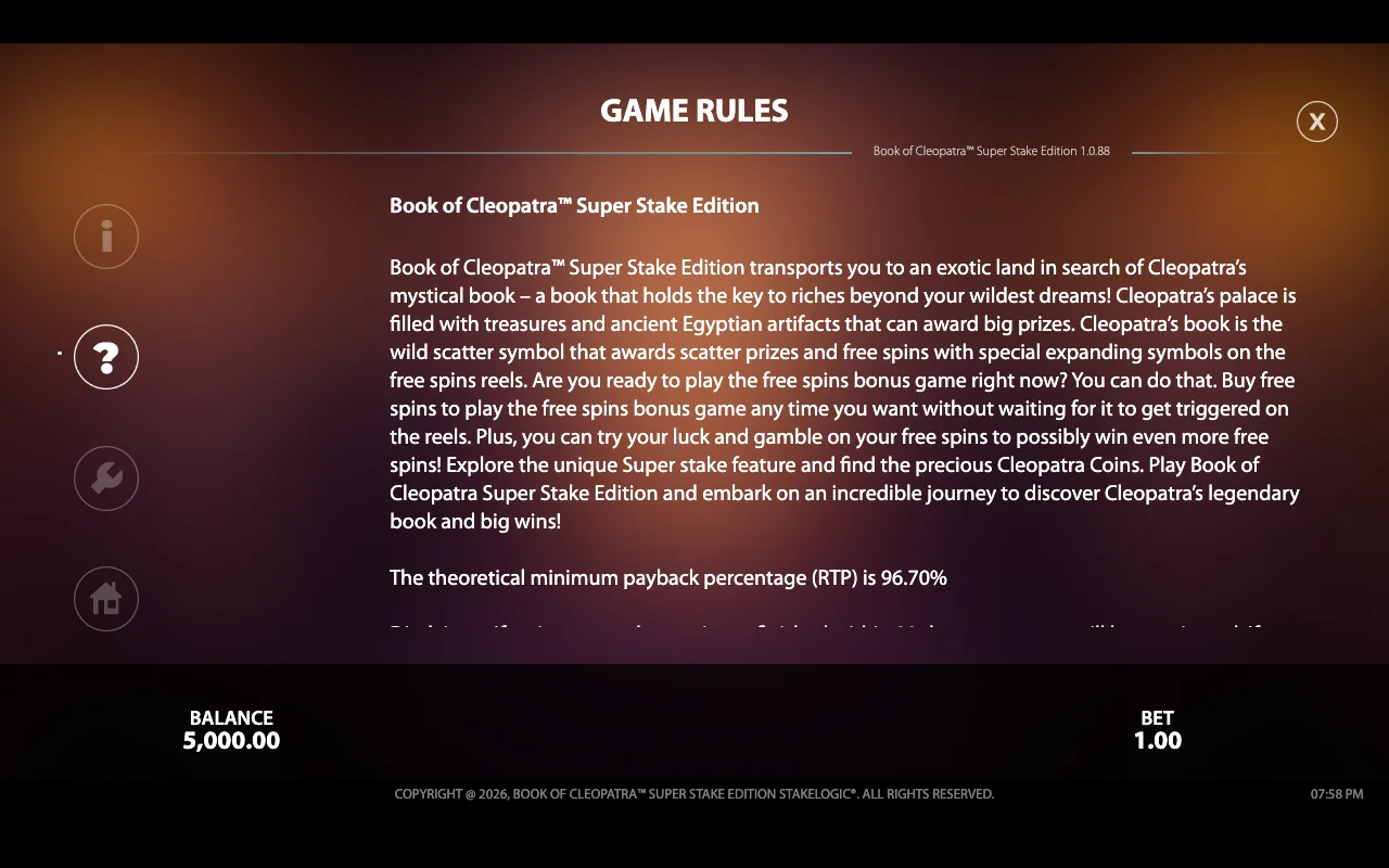 Game rules — Book of Cleopatra Super Stake Edition