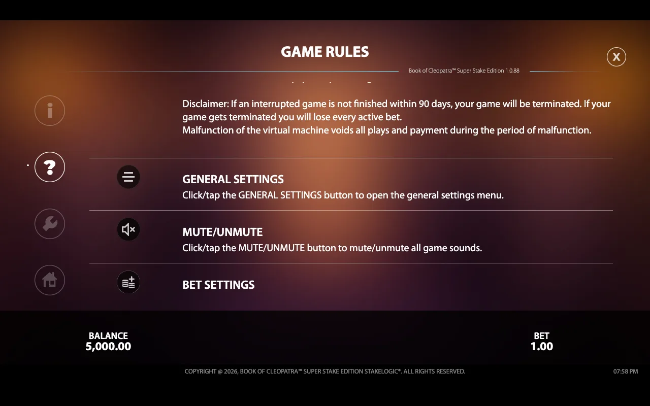 Game rules — Book of Cleopatra Super Stake Edition