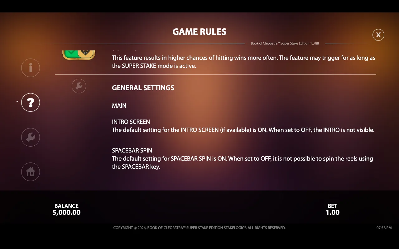 Game rules — Book of Cleopatra Super Stake Edition