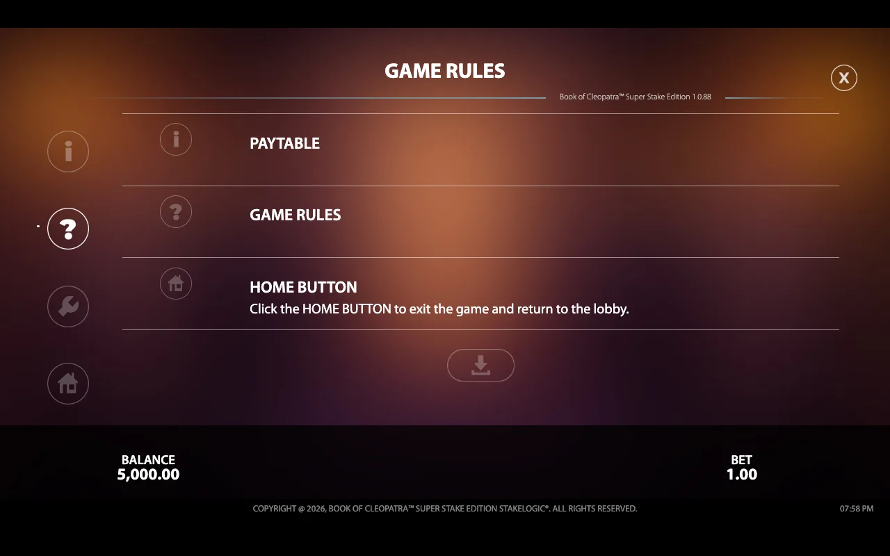 Game rules — Book of Cleopatra Super Stake Edition
