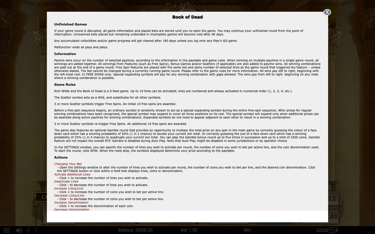 Game rules, page 1 — Book of Dead