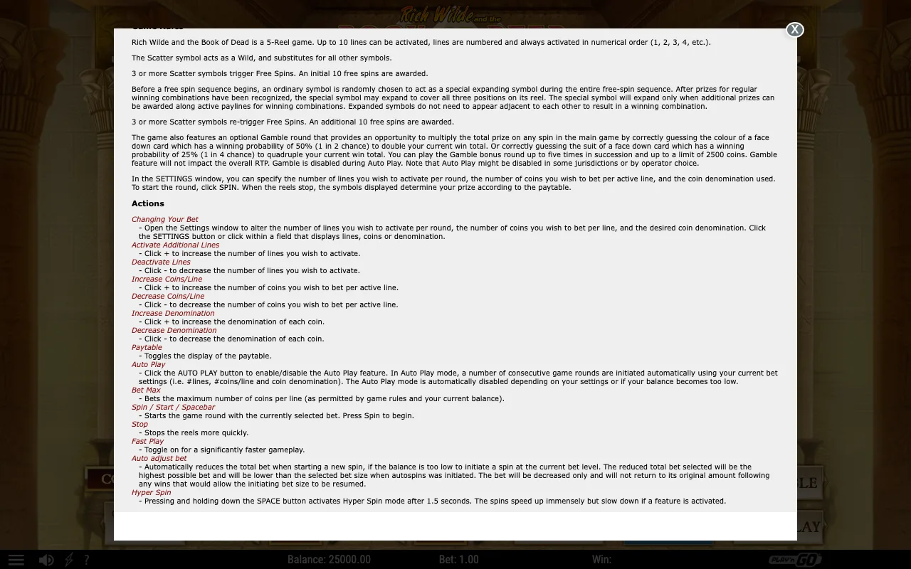 Game rules, page 2 — Book of Dead