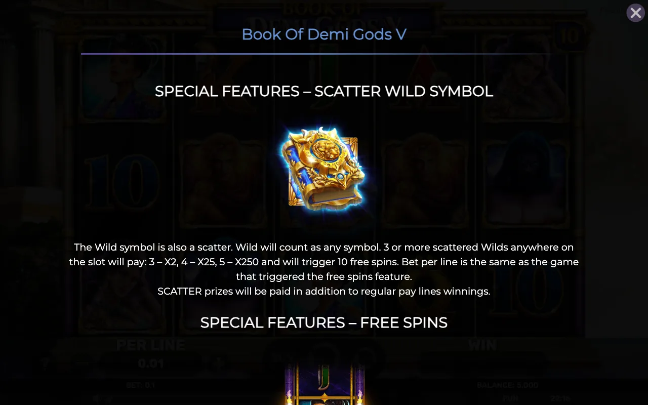 Special features - scatter wild symbol — Book of Demi Gods 5