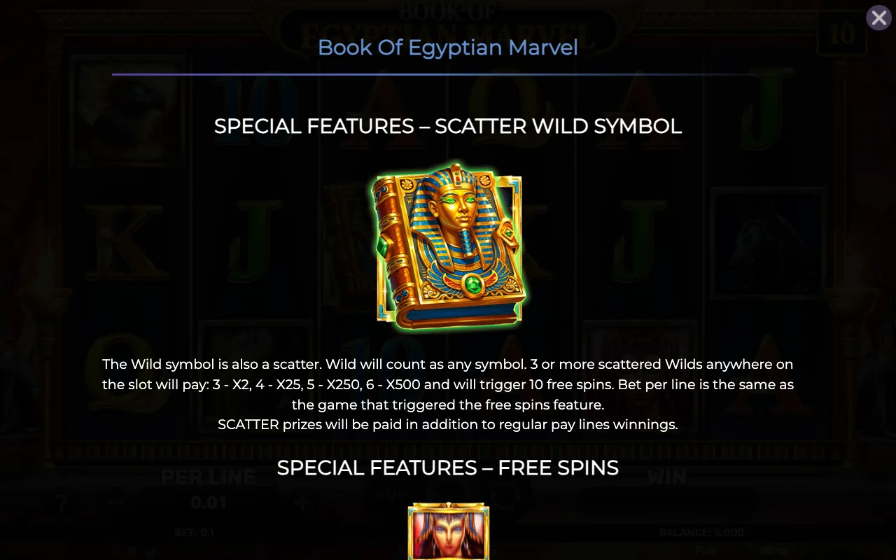 Special features - scatter wild symbol — Book of Egyptian Marvel