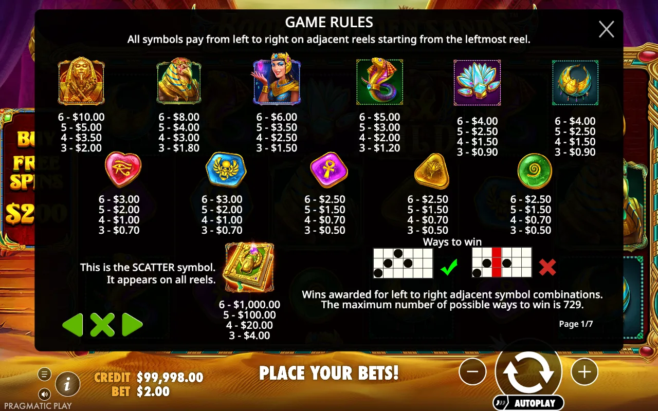 Game rules, page 1 — Book of Golden Sands