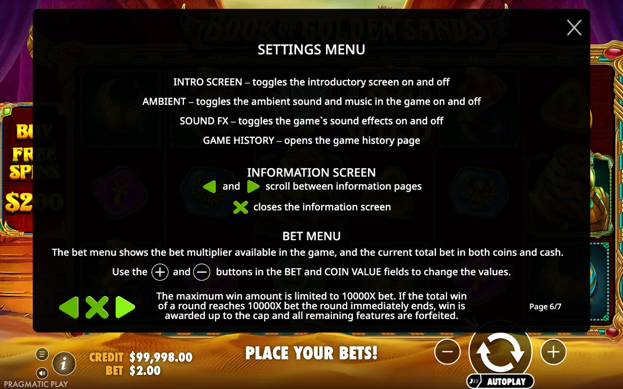 Settings menu — Book of Golden Sands
