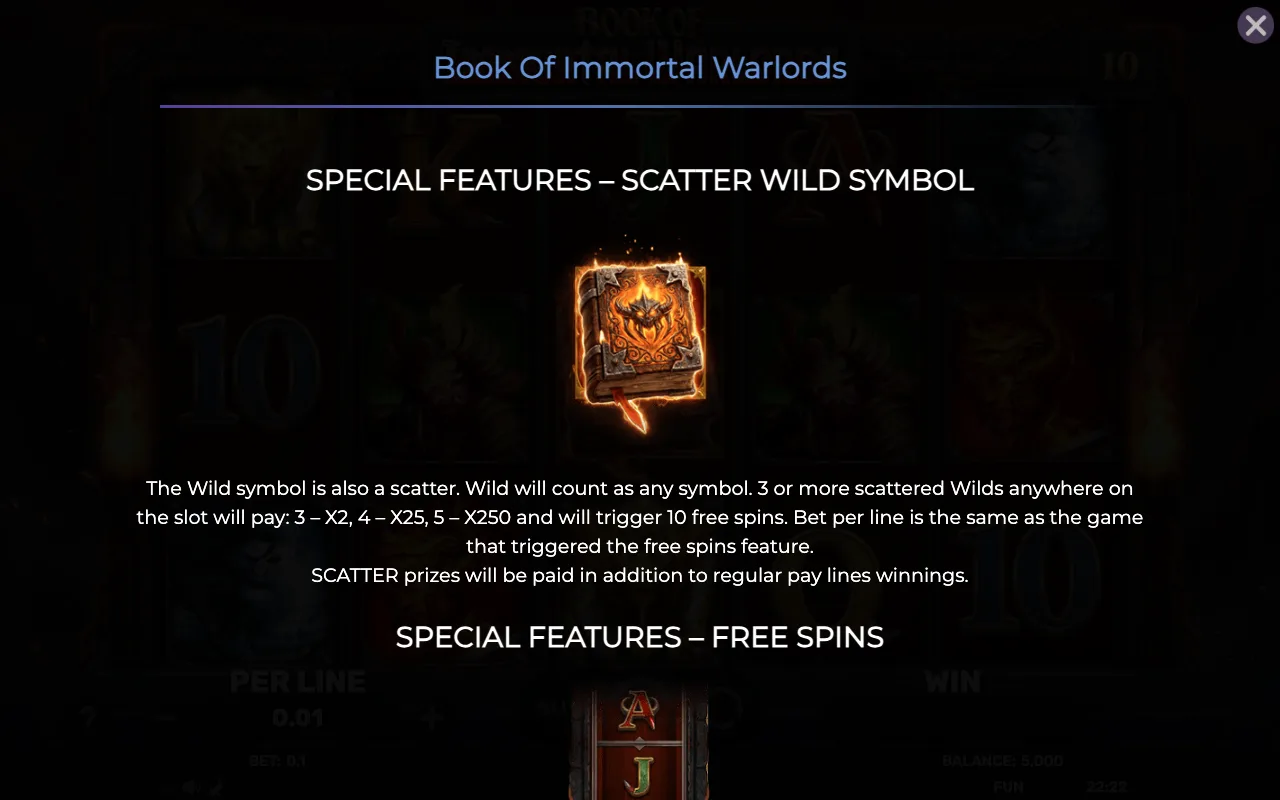 Special features - scatter wild symbol — Book of Immortal Warlords
