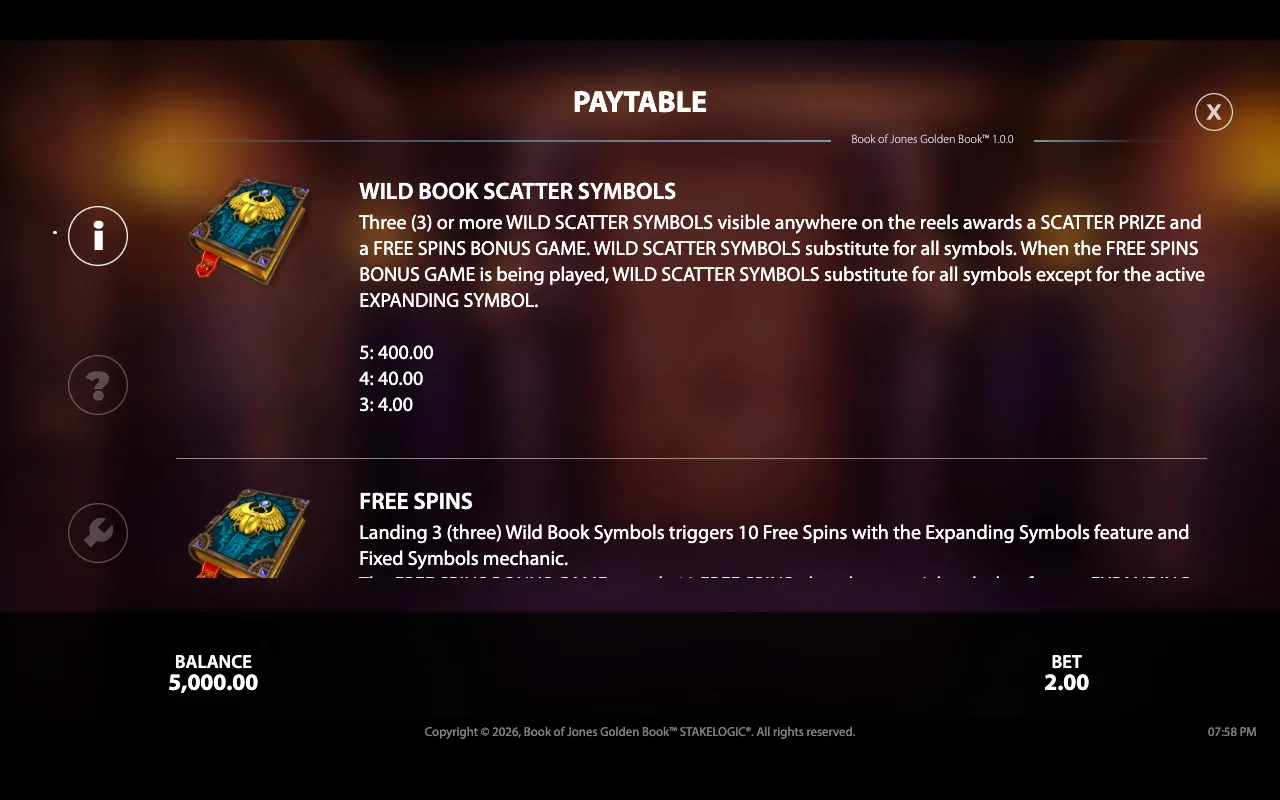 Paytable — Book of Jones Golden Book
