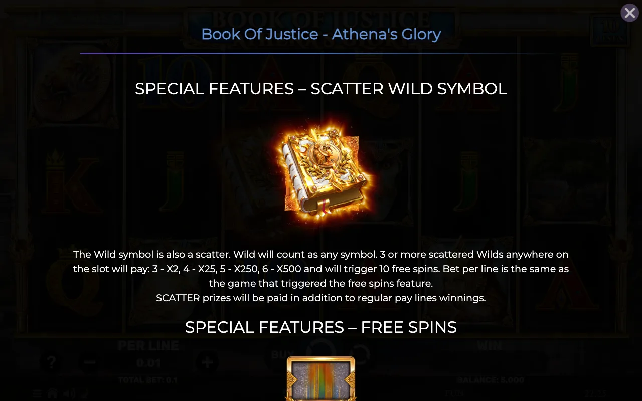 Special features - scatter wild symbol — Book of Justice Athenas Glory