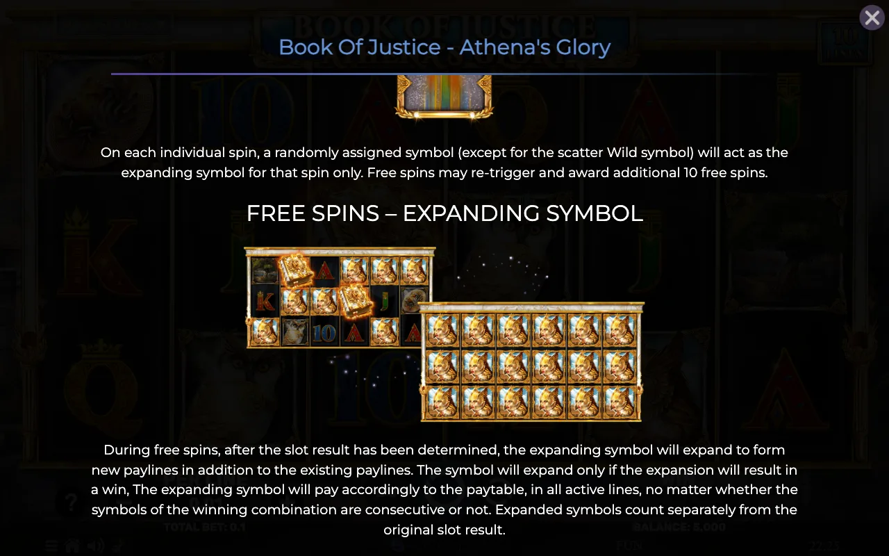 Free spins expanding symbol — Book of Justice Athenas Glory