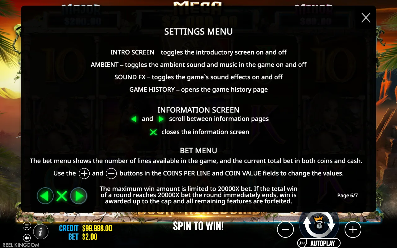 Settings menu — Book of Kingdoms