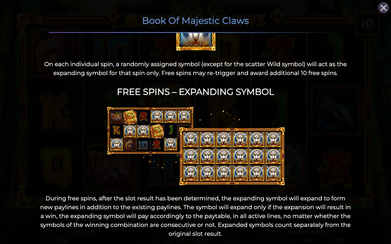 Free spins - expanding symbol — Book of Majestic Claws