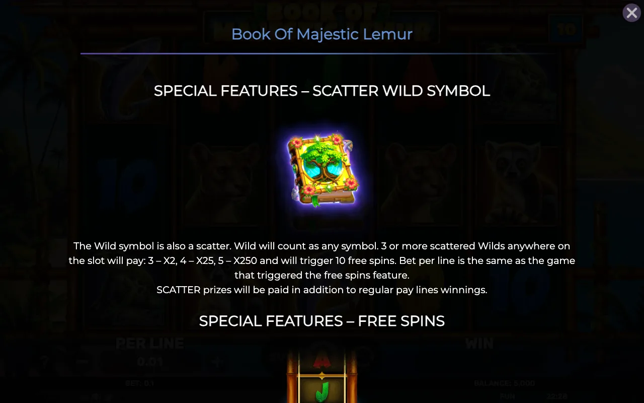 Special features - scatter wild symbol — Book of Majestic Lemur