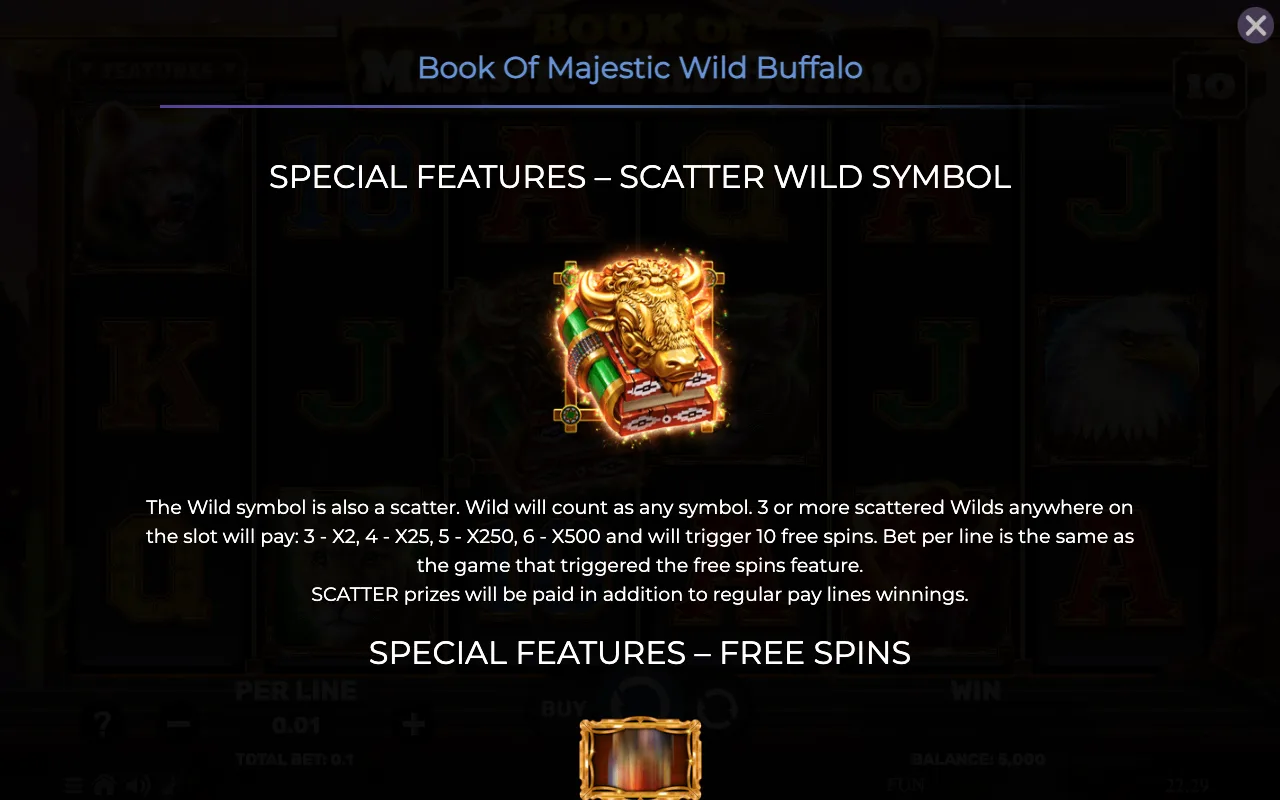 Special features - scatter wild symbol — Book of Majestic Wild Buffalo