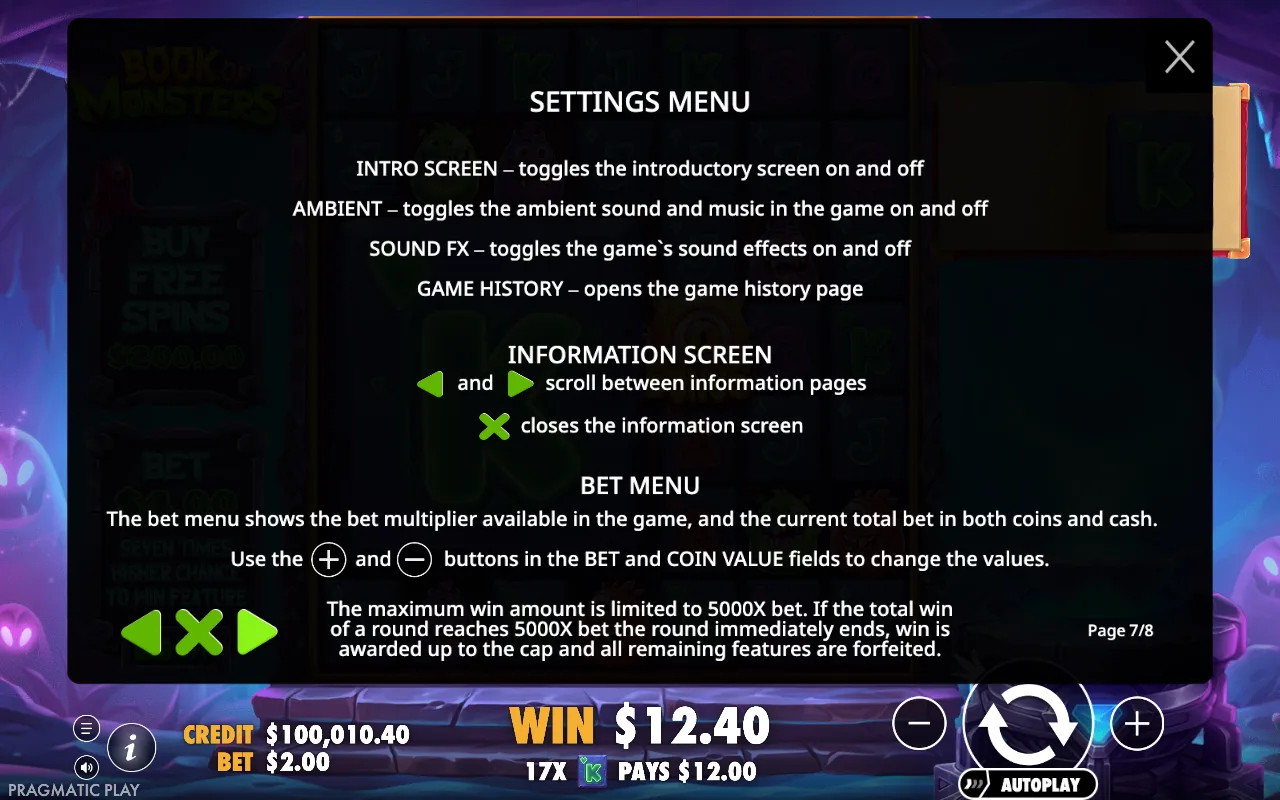 Settings menu — Book of Monsters