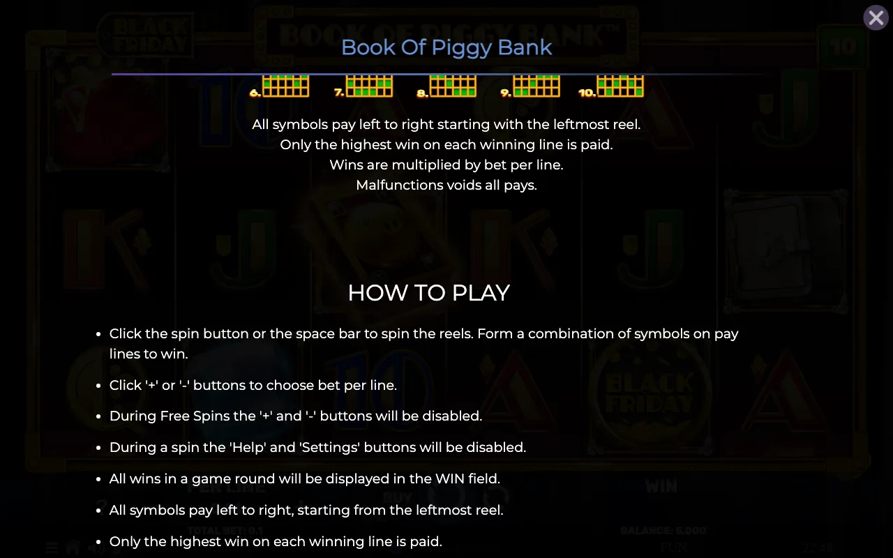 Game rules, page 5 — Book of Piggy Bank Black Friday