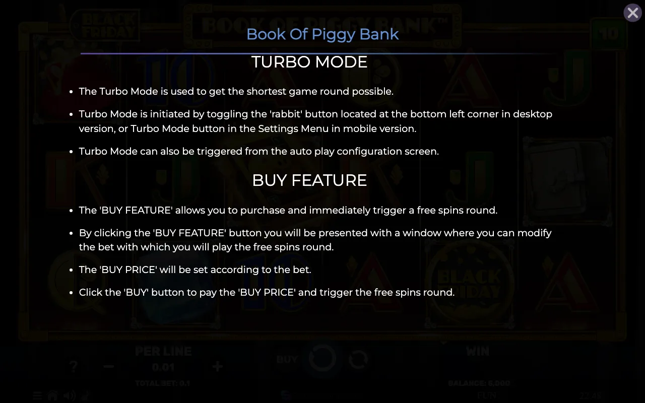 Game rules, page 7 — Book of Piggy Bank Black Friday