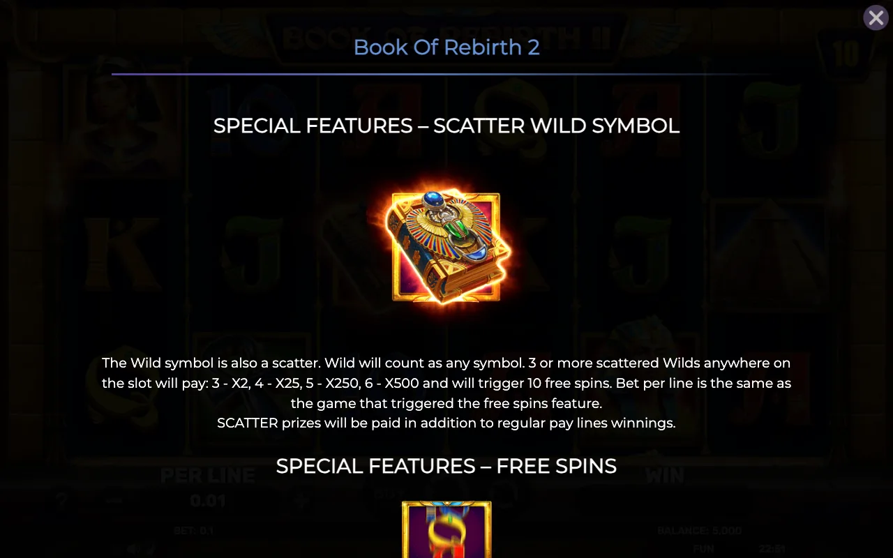 Special features - scatter wild symbol — Book of Rebirth ii