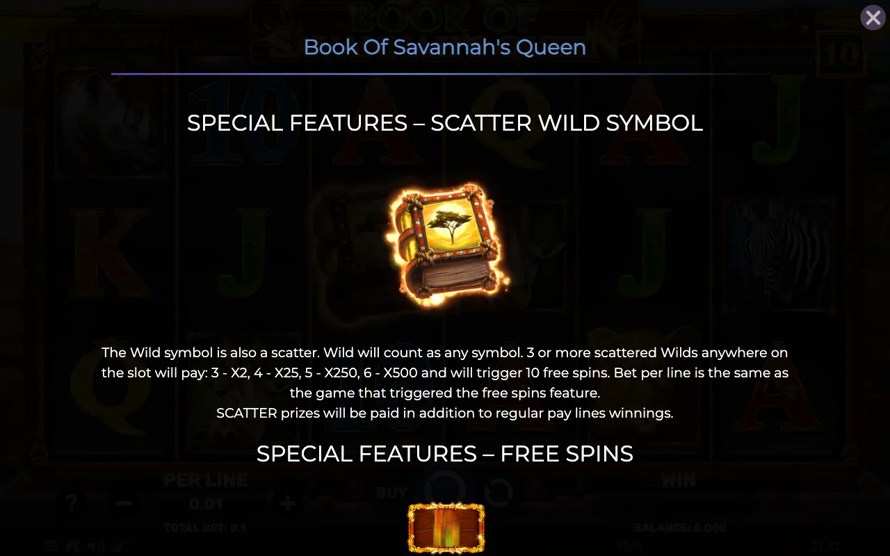 Special features - scatter wild symbol — Book of Savannahs Queen
