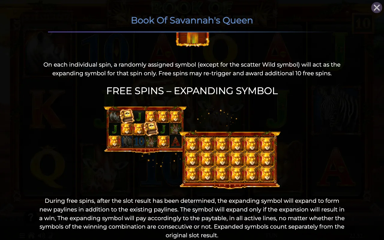 Free spins expanding symbol — Book of Savannahs Queen