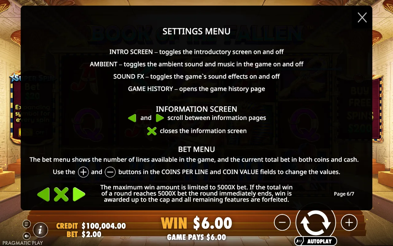 Settings menu — Book of the Fallen
