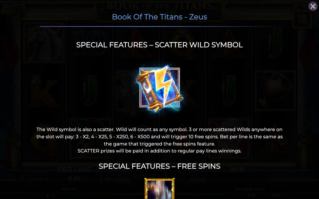 Special features - scatter wild symbol — Book of The Titans Zeus