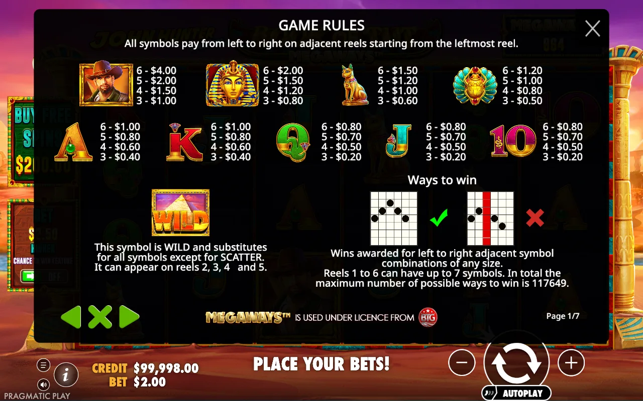 Game rules, page 1 — Book of Tut Megaways